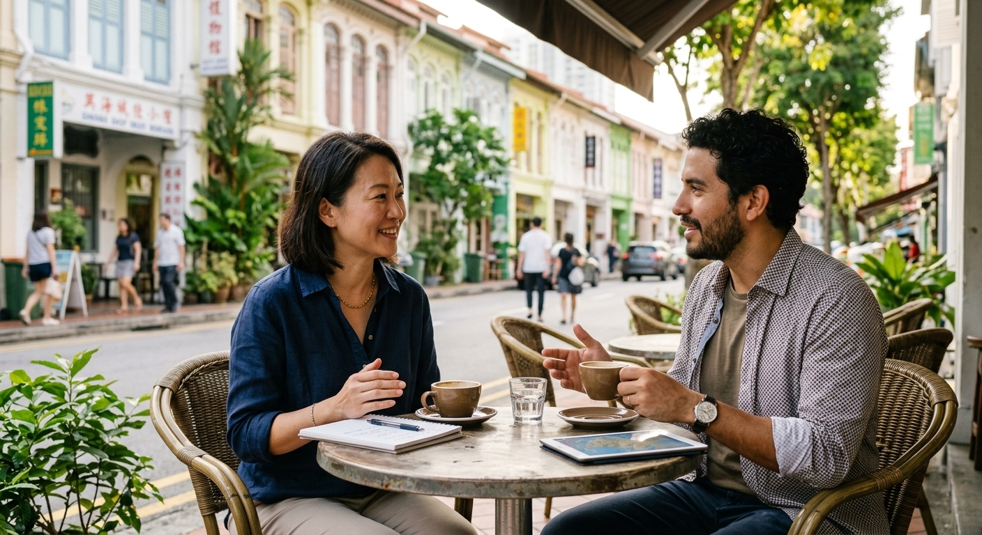 A woman and a man talking over coffee at an outdoor café, a notebook and a tablet showing a map on the table between them