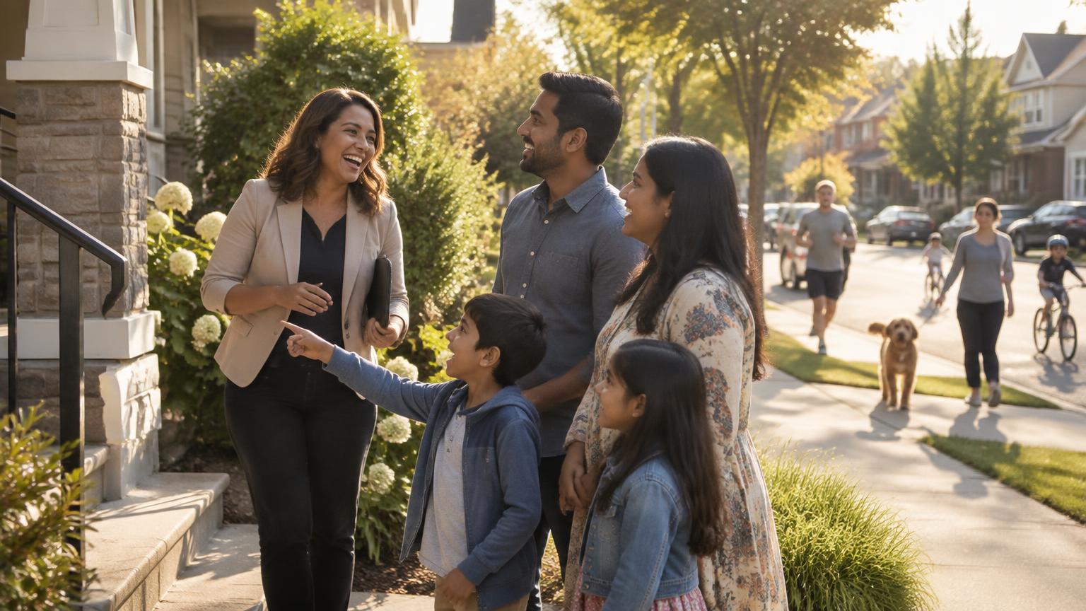 A consultant laughing with a newly arrived family outside a home they are touring