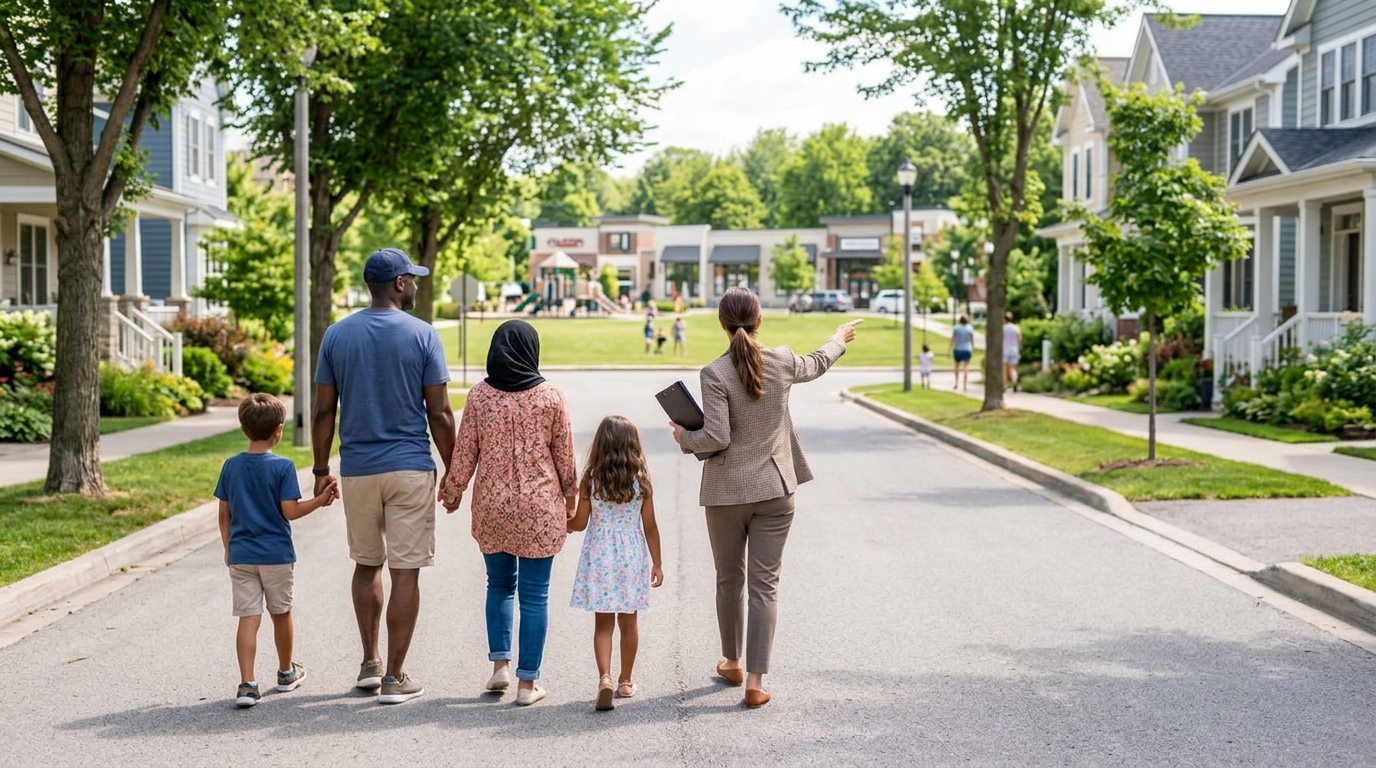 A consultant pointing out the neighborhood to a newly arrived family