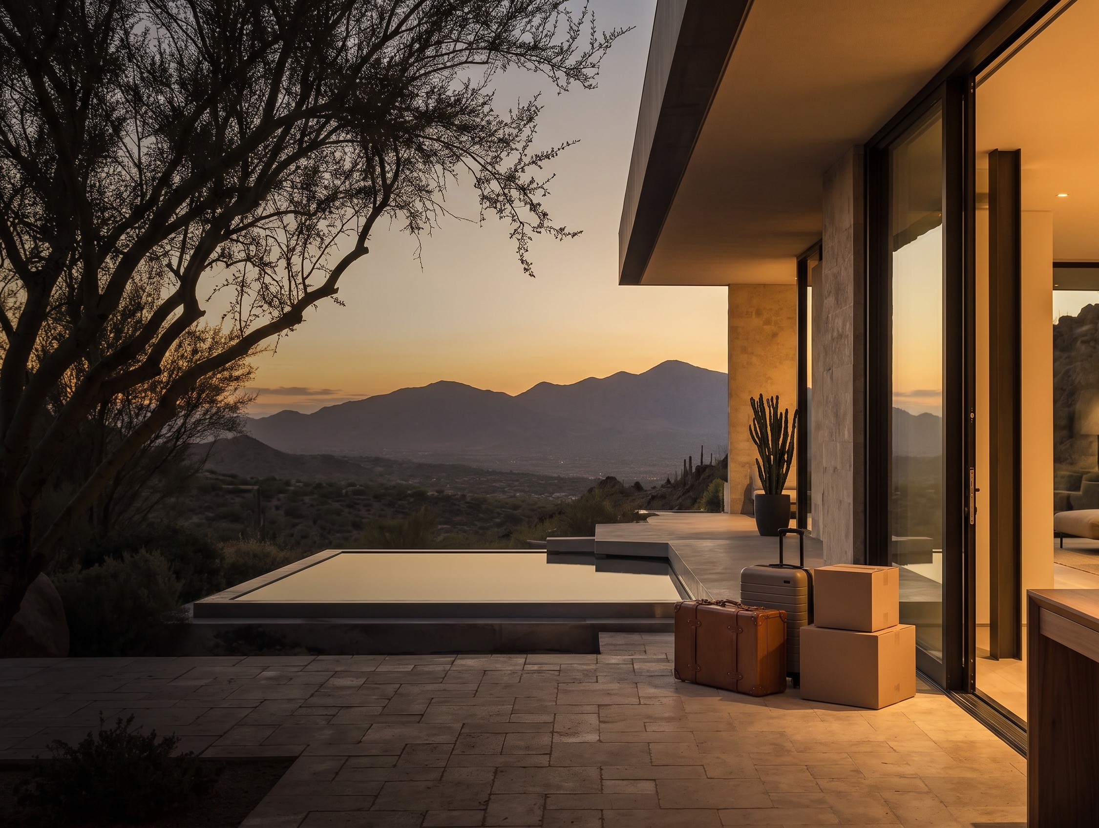 Suitcases and moving boxes at the door of a desert home at dusk, ready for a new chapter