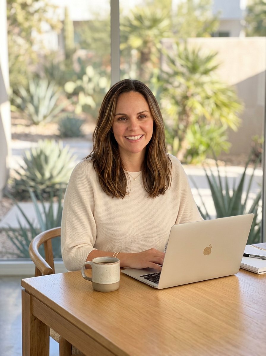 Holly Gray, relocation consultant, smiling at her laptop at a table in a Phoenix-area home