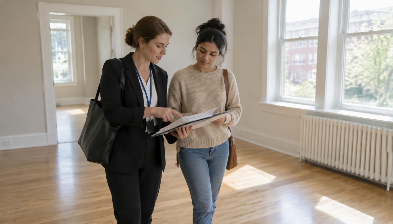 Relocation consultant reviewing a lease with a newcomer while touring an empty rental home